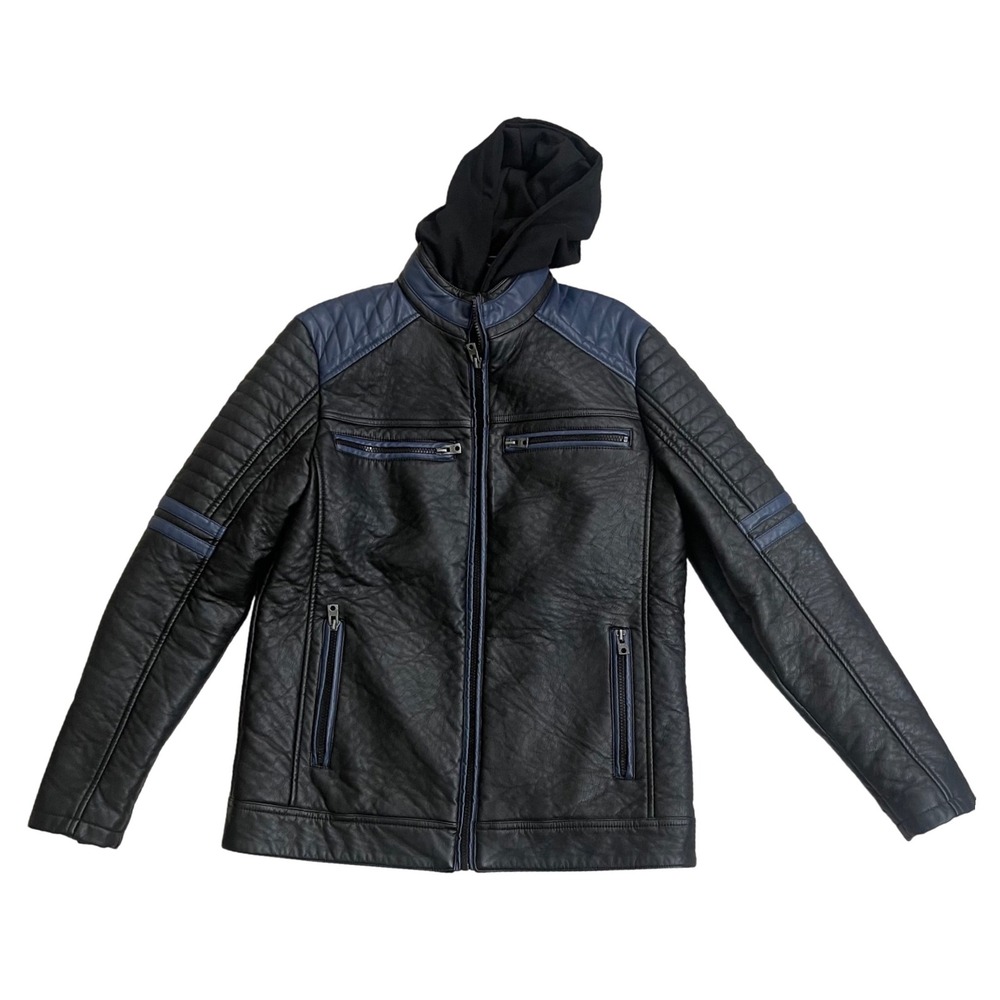 Buckle Black Faux Leather Moto Jacket Hooded Blue Accents‎ Men's Size S EUC
